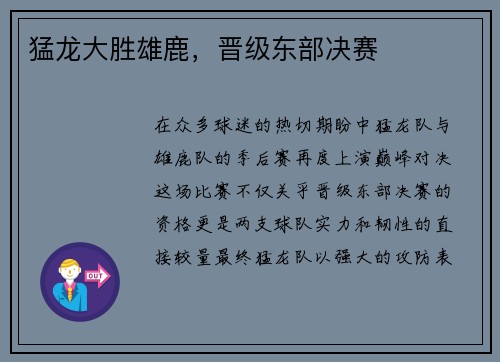 猛龙大胜雄鹿，晋级东部决赛